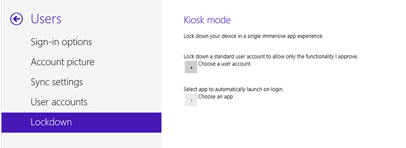 Print screen showing Kiosk mode settings in Win8.1 Print screen showing Kiosk mode settings in Win8.1