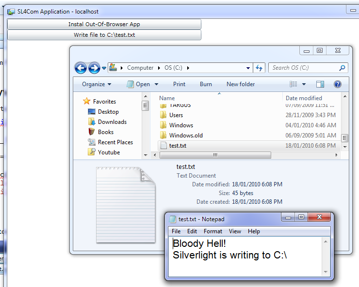 Clcking the Write File button adds a new file to C:\Test.txt