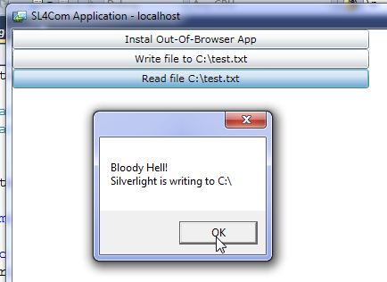 Clicking the read file button shows the file contents with a MessageBox 