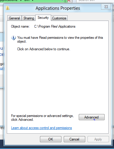 Security tab for C:\Program Files\Applications