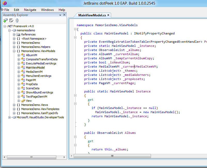 dotPeek reverse engineering MainViewModel for Memories app dotPeek reverse engineering MainViewModel for Memories app