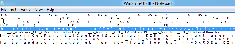 WinStoreUI.dll opened up in Notepad with a URL highlighted WinStoreUI.dll opened up in Notepad with a URL highlighted