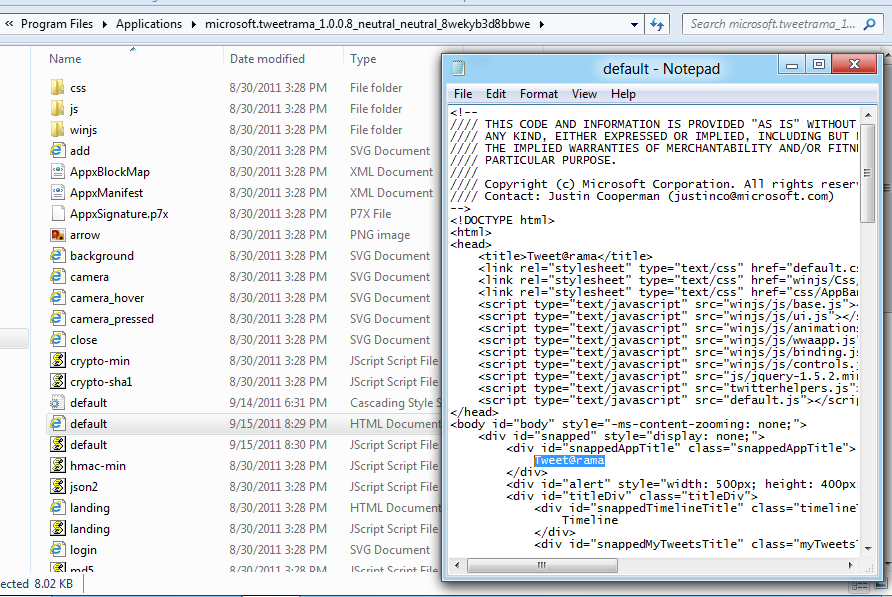 Tweet@rama app folder with page source code in notepad Tweet@rama app folder with page source code in notepad