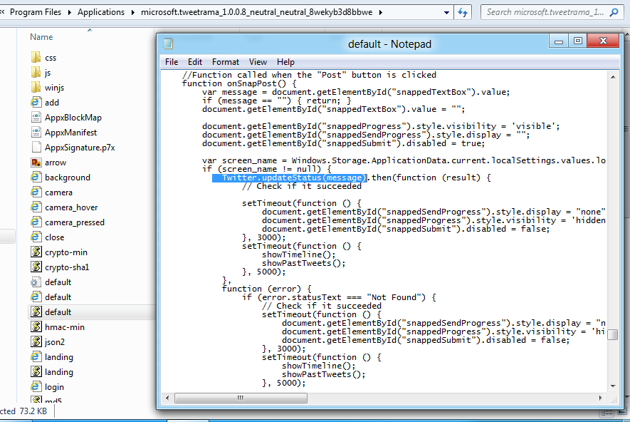 Tweet@rama app folder with page javascript source code in notepad Tweet@rama app folder with page javascript source code in notepad