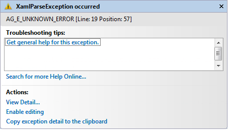 XamlParseException dialog