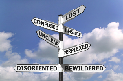 Signpost saying: Lost? Confused? Unsure? Uncleaer? Perplexed? Disoriented? Bewildered?