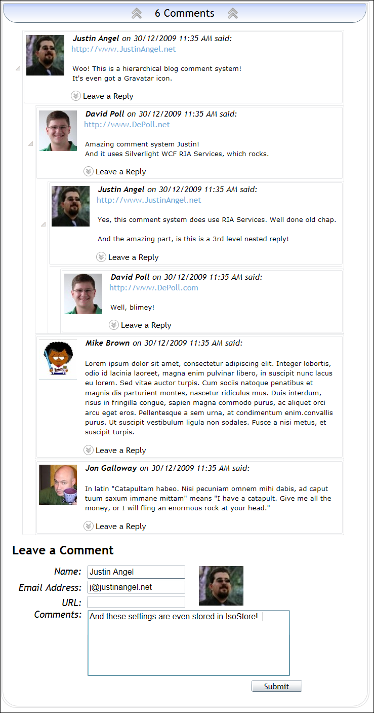 Sample of 6 comments in Silverlight Weblog