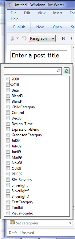Selecting a Category in Windows Live Writer