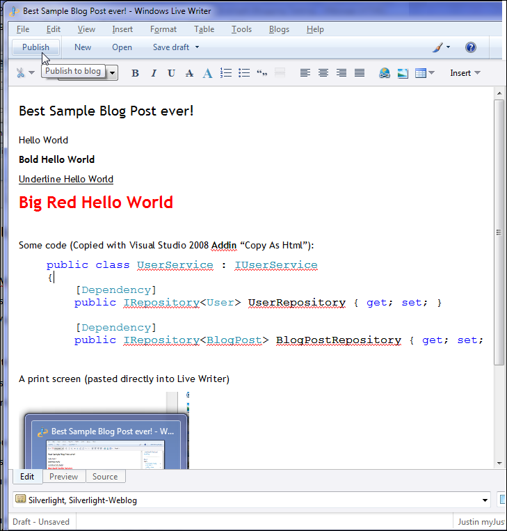 Authoring a blog post in Windows Live Writer