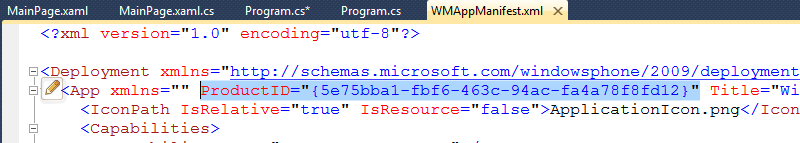 Visual Studio with the WMAppManifest.xml file open