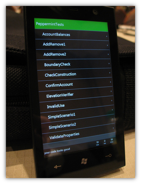 Windows Phone 7 running unit tests, courtesy of Jeff Wilcox