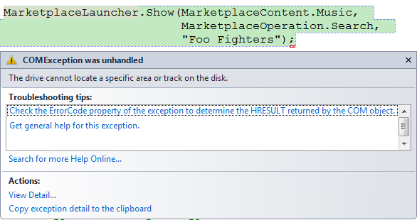 MarketplaceLauncher Exception