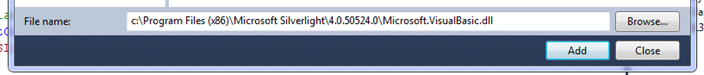 Adding a reference to  c:\Program Files (x86)\Microsoft Silverlight\4.0.50524.0\Microsoft.VisualBasic.dll