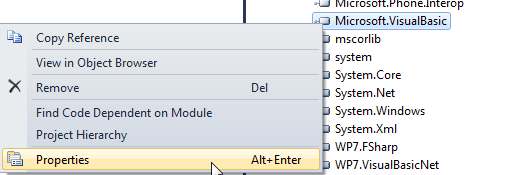Right click on Microsoft.VisualBasic and choose properties