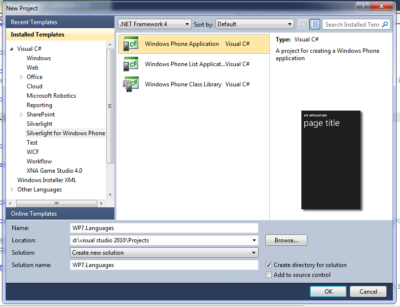 Create new C# WP7 app