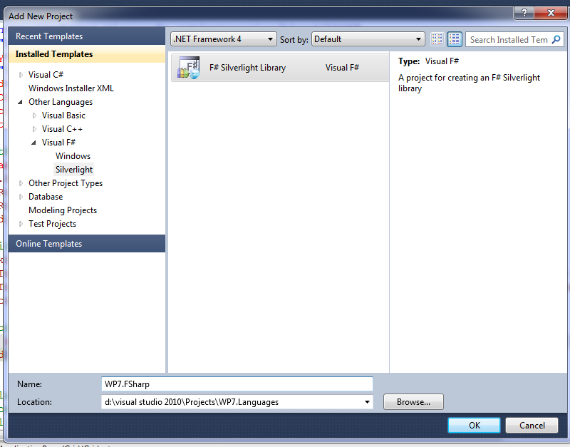 Select project type F# Silverlight project