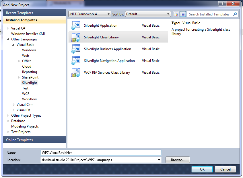 Select a Visual Basic Silverlight Class Library